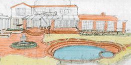A drawing of a pool and house