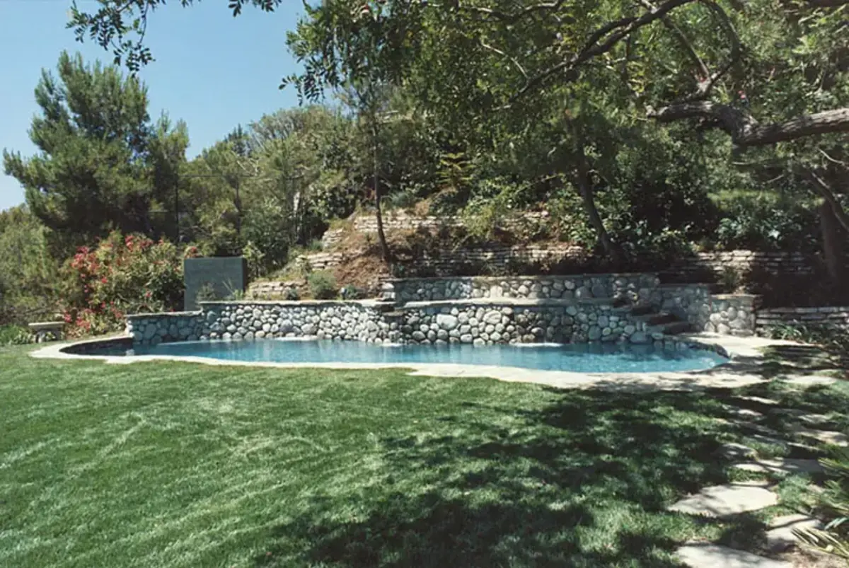 A pool with grass and trees in the background
